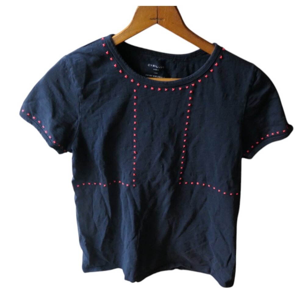 Cyrillus- blue t-shirt with red stars-14 yrs-EUC